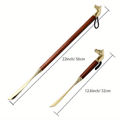 Extra long horse head shaped metal shoehorn, 55.88 cm in length, allows you to wear shoes without bending over.