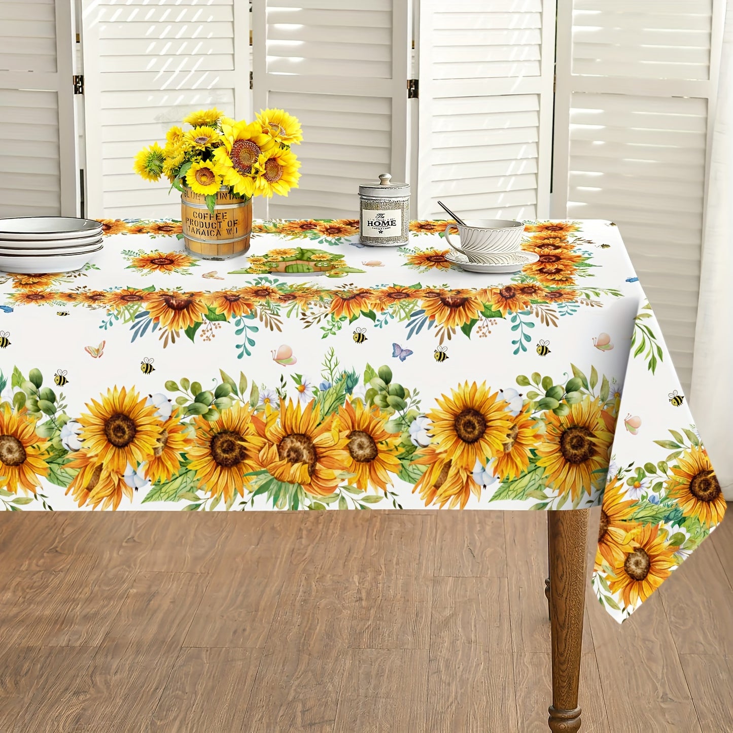 Summer sunflower tablecloth with vibrant floral design, butterflies & bees. Stain & wrinkle-free polyester, round farmhouse style for home kitchen, dining, picnic decor. Great gift. Sunflower pattern. Stainfree fabric for sunflower kitchen decor.