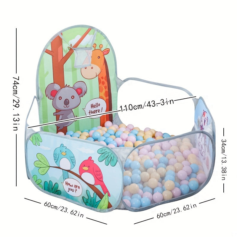 Pop-up play tent with ball pit for toddlers, featuring ocean ball fence and unique bird & dinosaur themes, made of polyester fabric and steel frame. Great gift for boys and girls aged 12