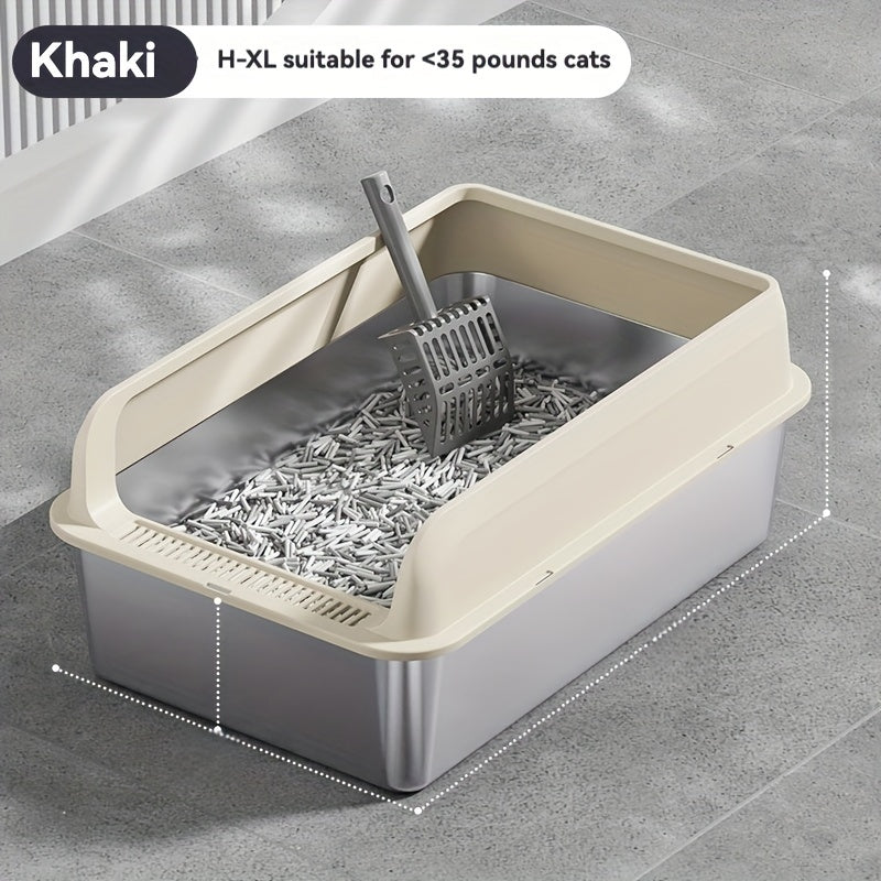 Large stainless steel litter box with splash guard cover for easy cleaning.