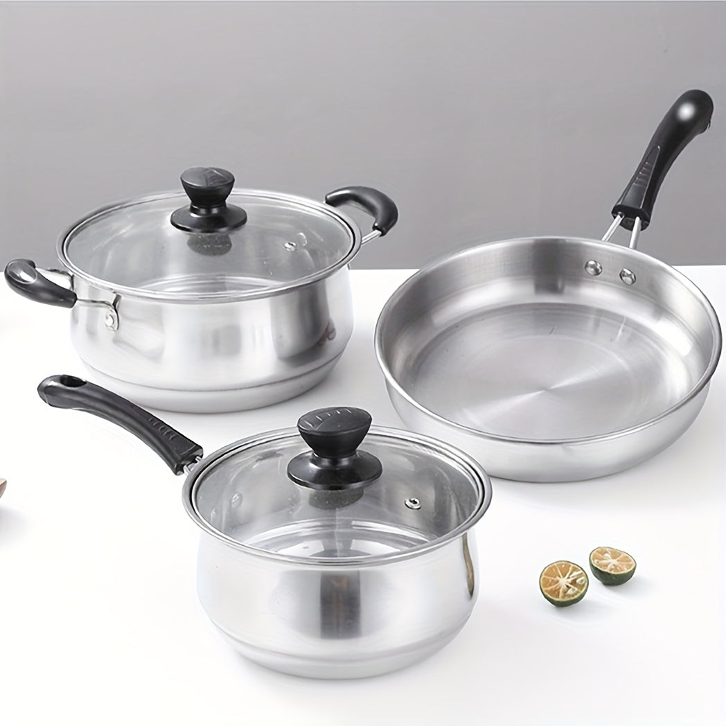 Three-piece set of durable stainless steel cookware, including a thickened soup pot, milk pot, and fryer. This versatile set is perfect for frying, stewing, and cooking, whether in a household kitchen or professional restaurant setting. Can be used on