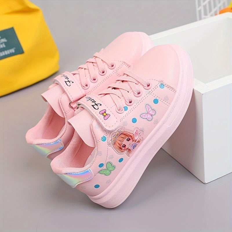 Stylish white sneakers with cute cartoon designs for girls, ideal for casual wear in spring and autumn.