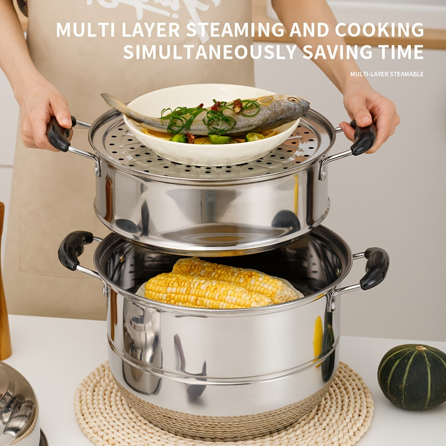 This durable 4-piece Stainless Steel Steamer Set features a 3-tier stackable design for both steaming and cooking. The set includes a soup pot, steamer rack, steaming tray, and lid, all designed for even heat distribution. The anti-scald electric wood