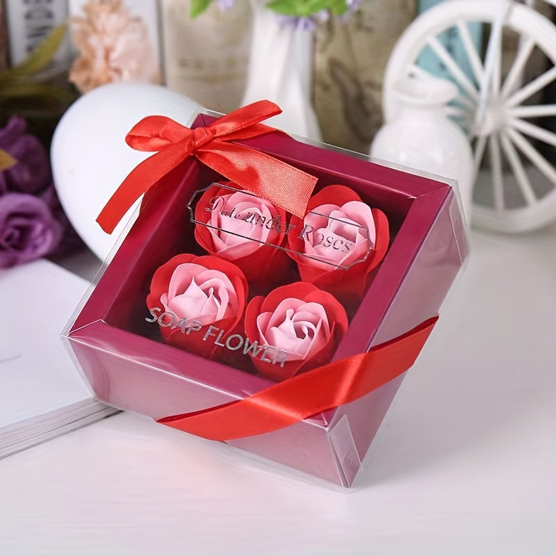 Gift box with 4 artificial rose soap flowers, ideal for Valentine's Day, Mother's Day, Christmas, or weddings.