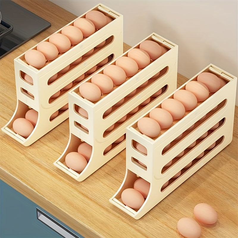 Refrigerator egg storage box with automatic rolling rack and large capacity for eggs, made of ABS material.