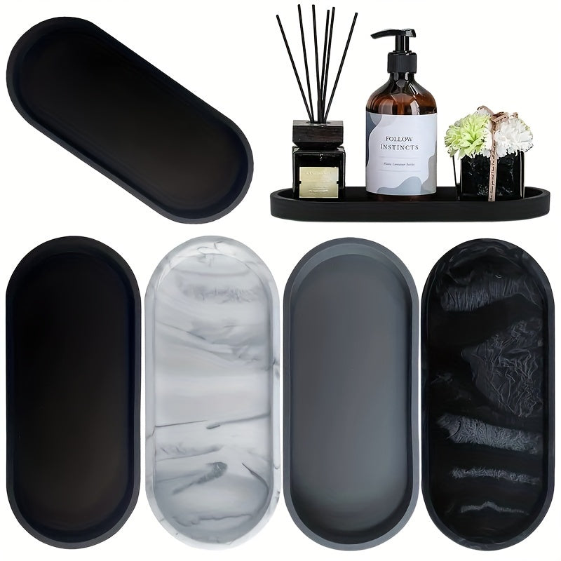 Silicone oval vanity tray with soap dispenser and sponge holder for bathroom décor.