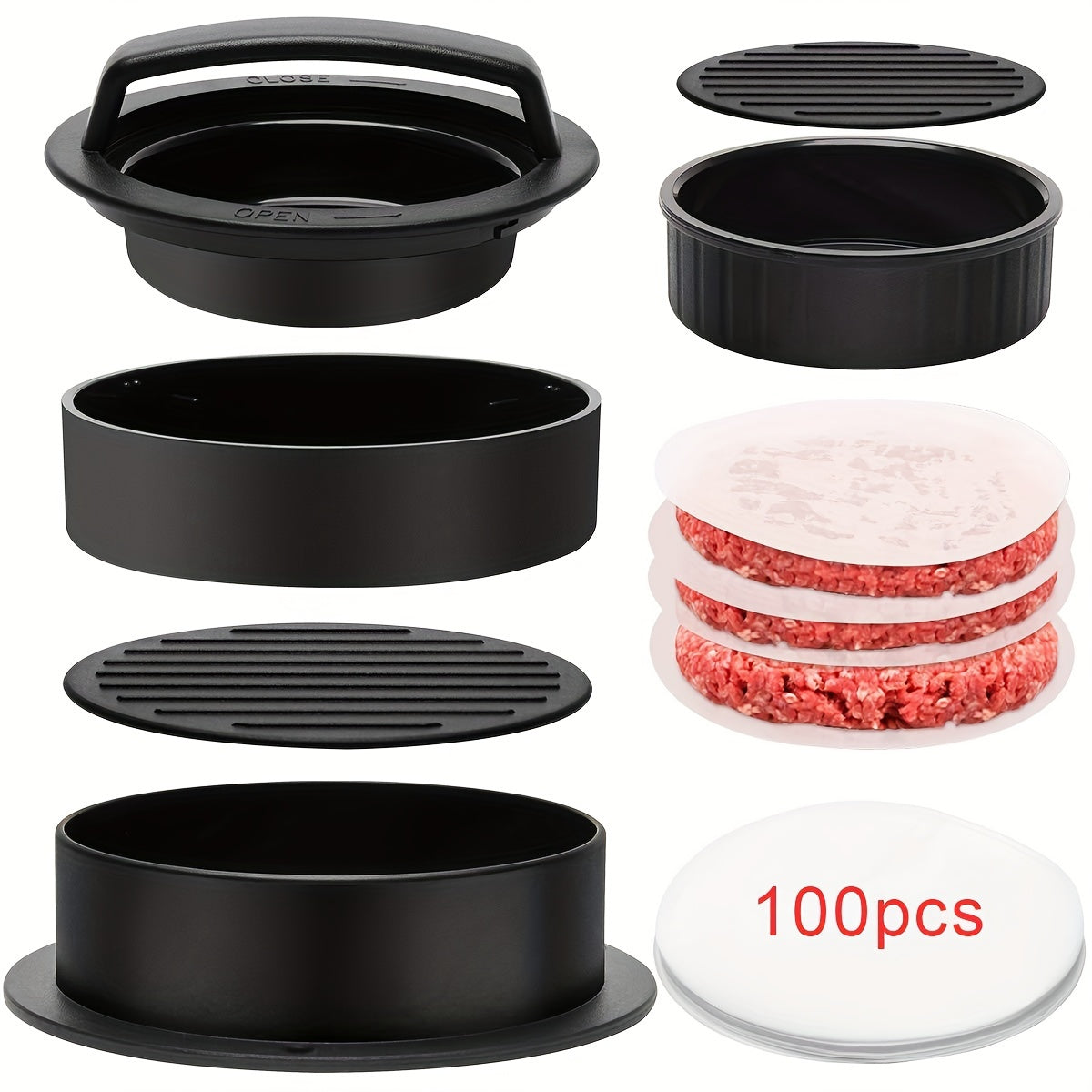 Top Seller: Black Burger Press with Non-Stick Coating and 100 Patty Papers - Perfect for Uniform Burgers, Grilling Inside or Out - Sturdy Plastic Maker for Beef and Veggie Sliders