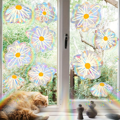 Dazzling Rainbow Prism Window Decor - Set of 10 Daisy Suncatcher Clings, Reusable Vinyl Stickers to Prevent Bird Strikes, Perfect for Home and Garden Accents