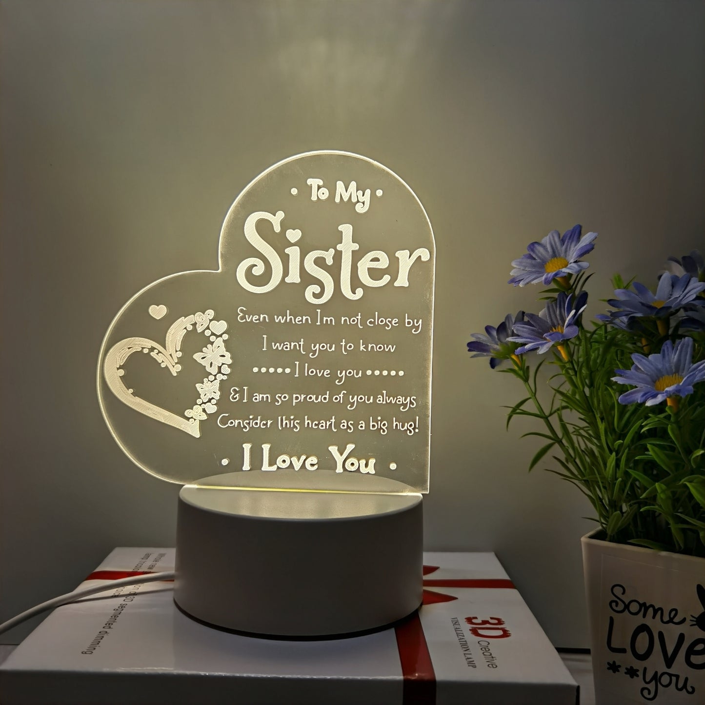 3D LED Night Light for Sister, USB Powered Decoration, Love Message Lamp for Bedside - Perfect Gift for Special Occasions - No Batteries Needed