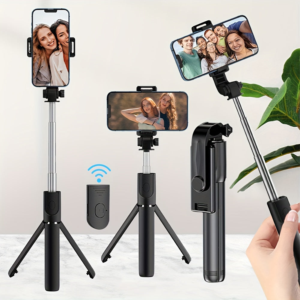 Portable wireless selfie stick tripod with remote control, 360° rotation, extendable up to 70cm, fits iPhone/Samsung/Android, battery-powered with non-rechargeable button battery, made of