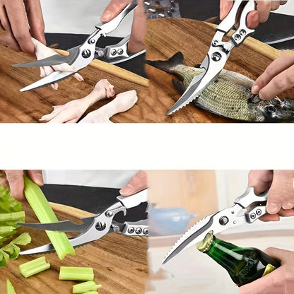 Steel kitchen shears made of stainless steel with automatic return feature, ideal for cutting chicken bones and various kitchen tasks.