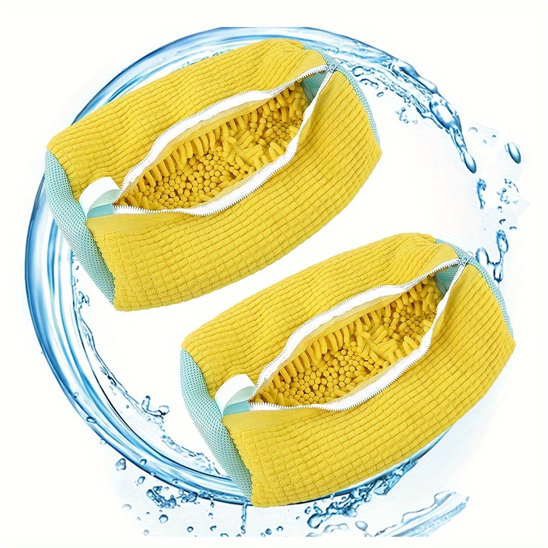 Durable and reusable shoe wash bag, fits all shoes, 360° cleaning, portable for travel laundry, yellow and grey