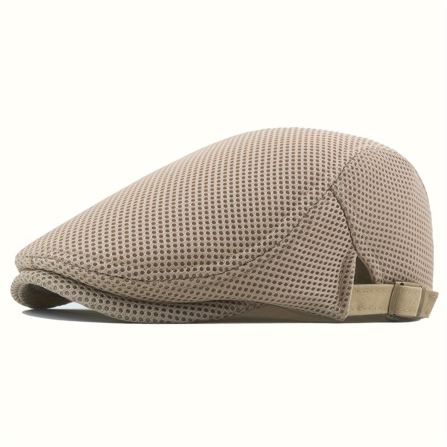 Men's fashion mesh newsboy cap with hollow-out design, adjustable size, and breathable sun protection. Made of polyester material, perfect for a street style look. Ideal gift for holidays.