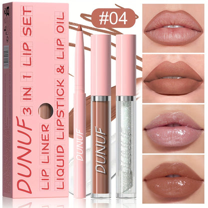 3-piece lip set with durable, waterproof, and sweat resistant formulas that are easy to apply and long-lasting. Includes lip gloss, lip liner, and lip glaze for a matte finish.