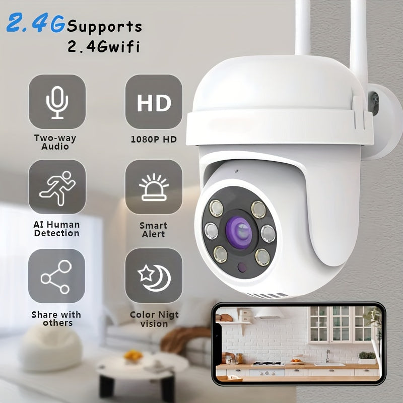 2.4G Wireless Camera with 1080P HD Video Quality for Indoor Use, Featuring IP66 Waterproof Rating, Two-Way Audio, Motion Detection, Automatic Tracking, and Active Alarm Notification Push for Intelligent Home Security Monitoring.