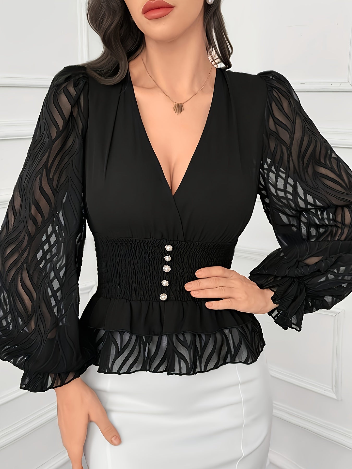 Elegant V-neck long sleeve shirt with ruched waist, solid color, polyester blouse for women.