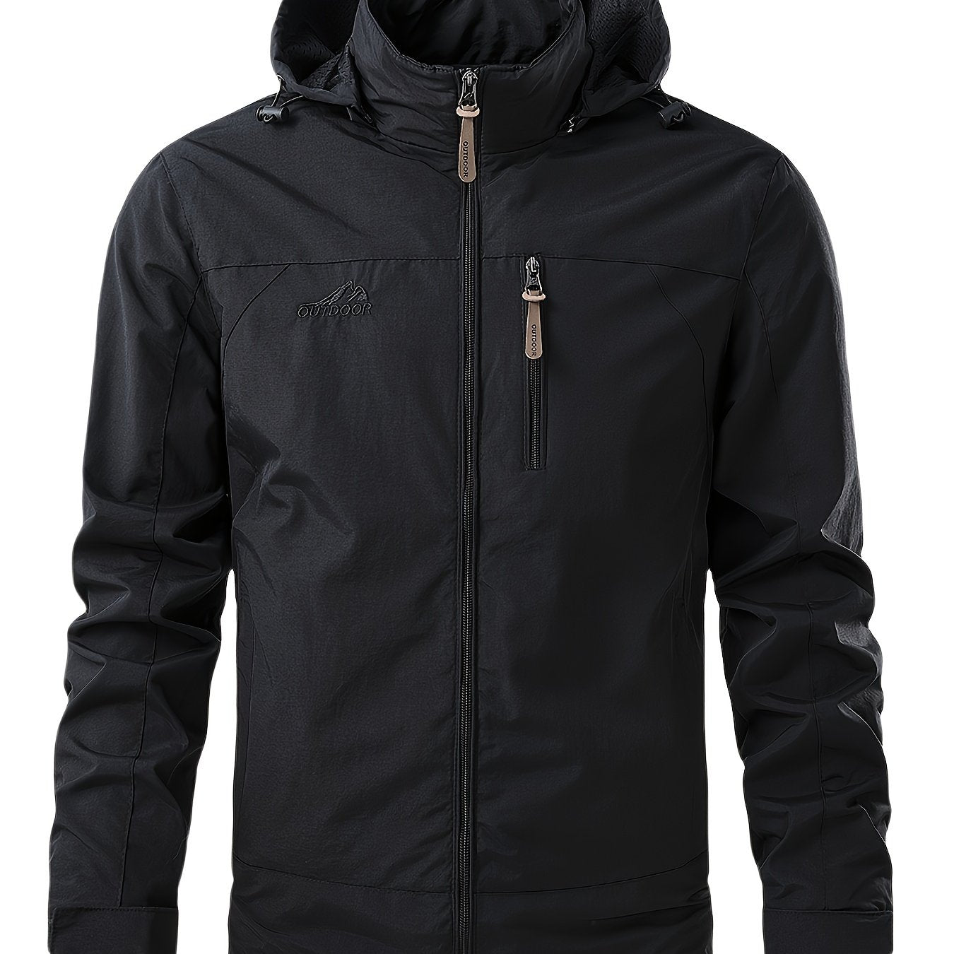 Men's waterproof, windproof jacket with embroidered design, multiple pockets, crew neck, regular sleeves, zipper placket, made of 100% polyester nylon.