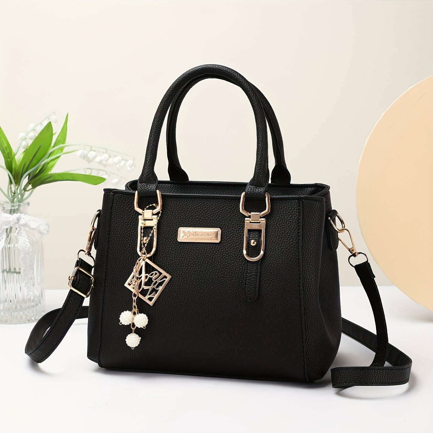 Pick from 7 colors. Stylish black handbag with lychee pattern tote. Spacious, multifunctional, adjustable shoulder strap, zipper closure. Ideal for daily commuting. Light luxury style, can