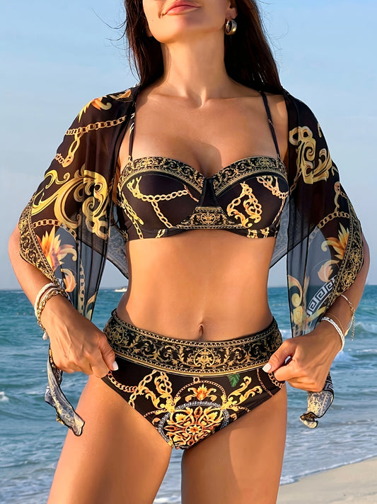 Boho Style Off the Shoulder Bikini Set with Geometric Pattern, High Stretch Polyester Elastane Swimwear for Women