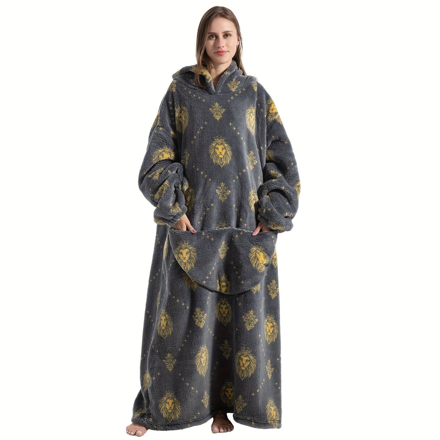 Super warm and cozy fleece oversized hoodie blanket with sleeves for adults. This wearable blanket hoodie features a giant pocket and is perfect for staying extra warm on cold days. Makes a great gift for women, men, and moms.