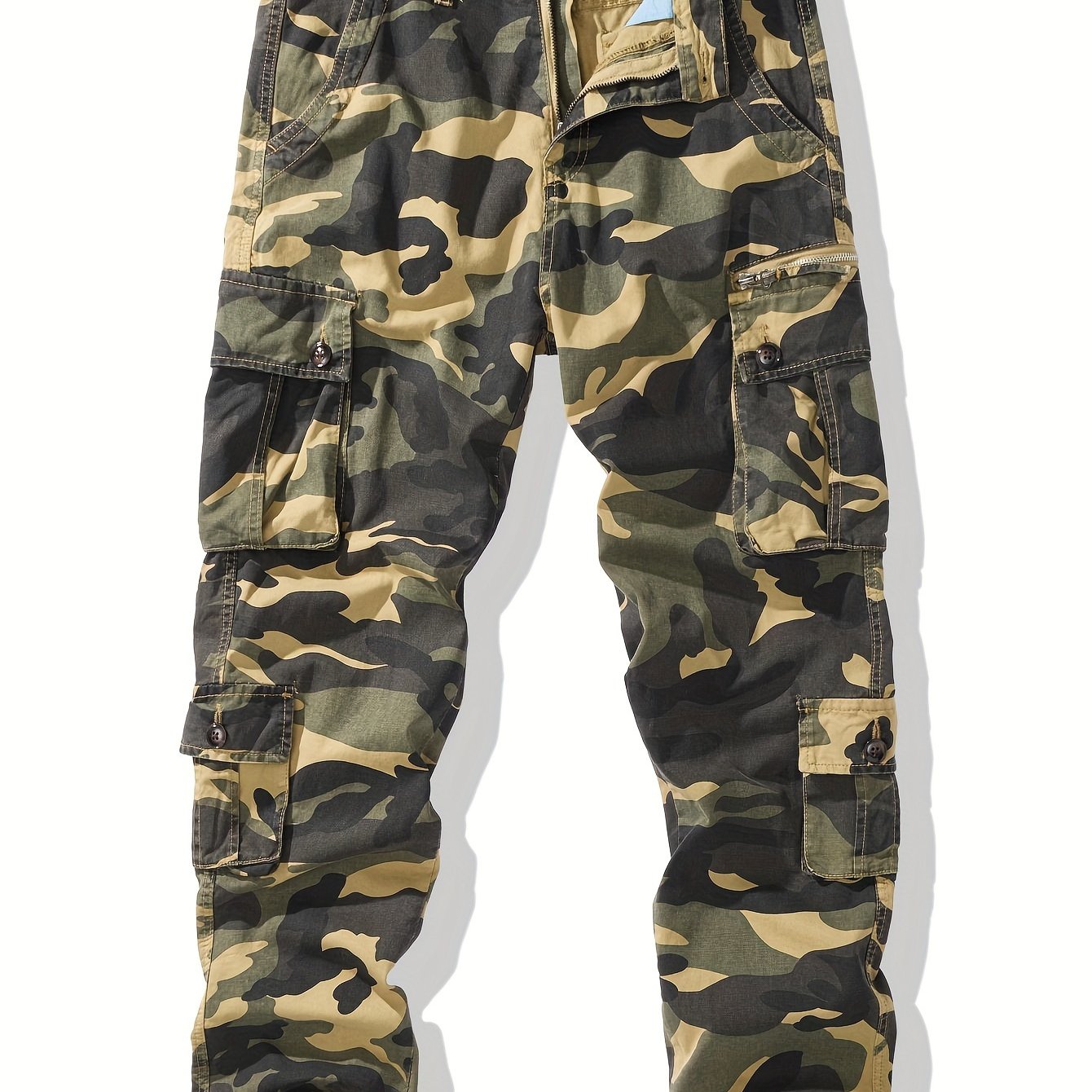 Men's trendy camouflage cargo pants in cotton with a multi-pocket utility design, non-stretch fabric for fall, and plus size options. Ideal for casual streetwear with a smooth texture.