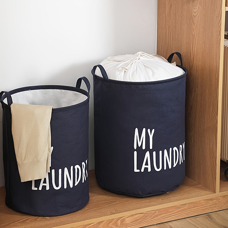 Classic Thick Fabric Laundry Basket with Drawstring Closure - Versatile Cylinder-Shaped, Foldable Dirty Clothes Storage Bin in Navy, White, and Gray featuring "MY LAUNDRY" Print for Stylish Room Decor, Laundry Room Organization, and Storage Solution