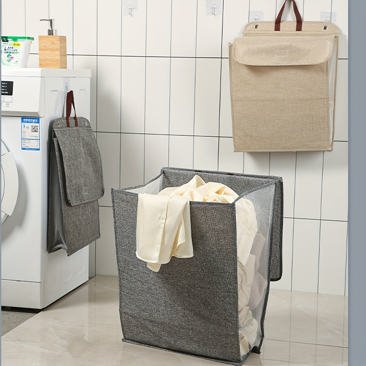 Multifunctional Folding Laundry Basket - Polyester Clothes Storage Hamper that is Wall-Mountable and Washable for Home Organization.