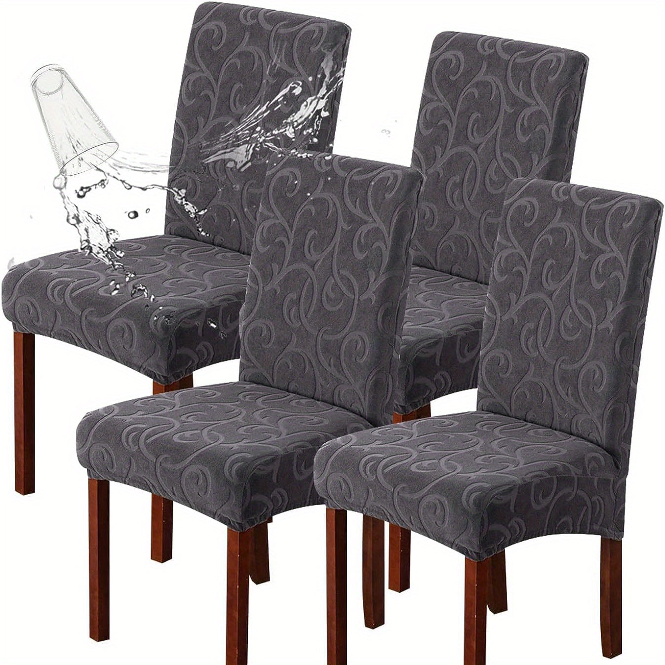 Waterproof chair slipcovers in 4pcs or 6pcs, stretch jacquard design for dining chairs. Removable, washable protector for home or commercial use.