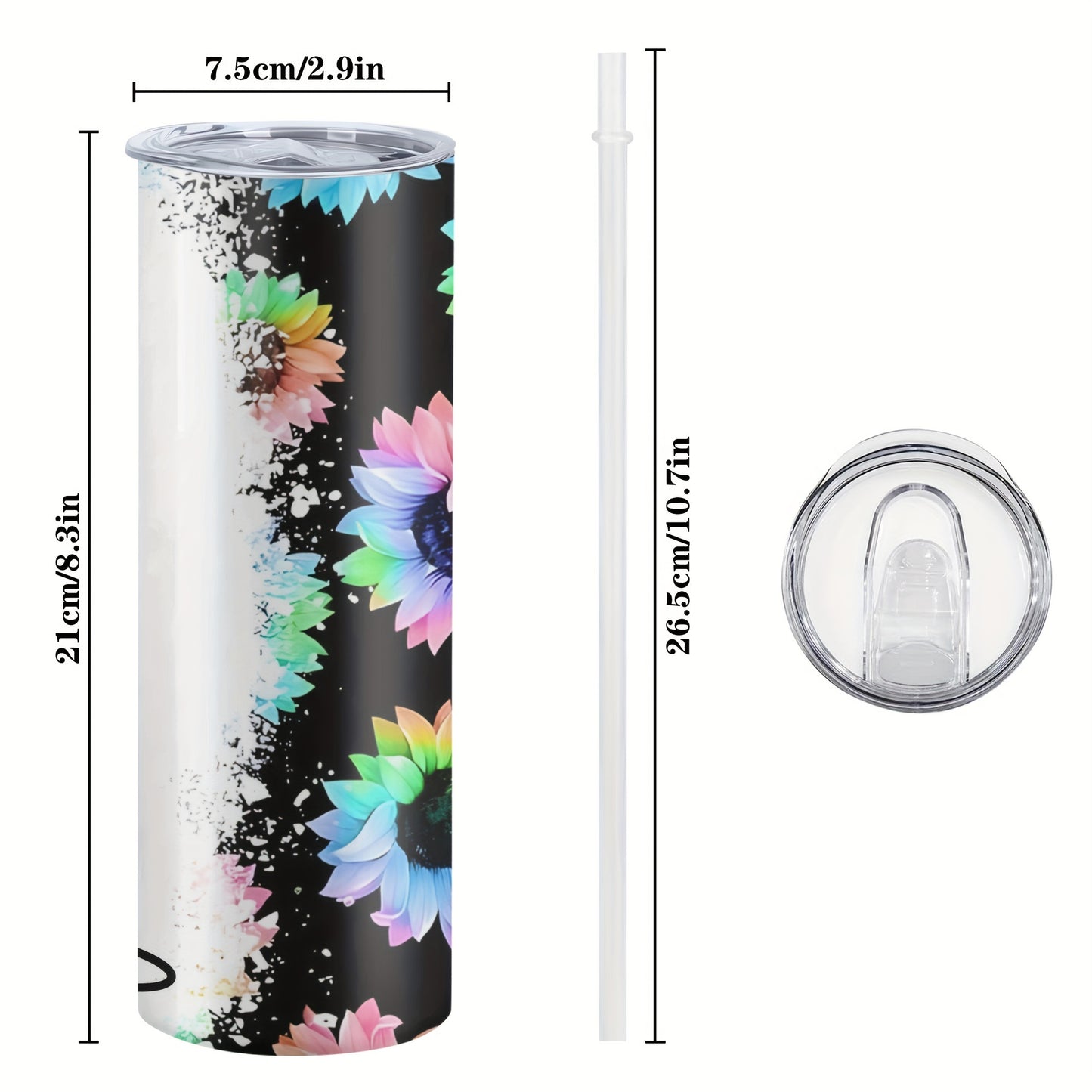 Customized sunflower stainless steel water bottle, 20oz with lid and straw, BPA-free, shatterproof, machine washable, perfect for outdoor travel and Valentine's Day gift.