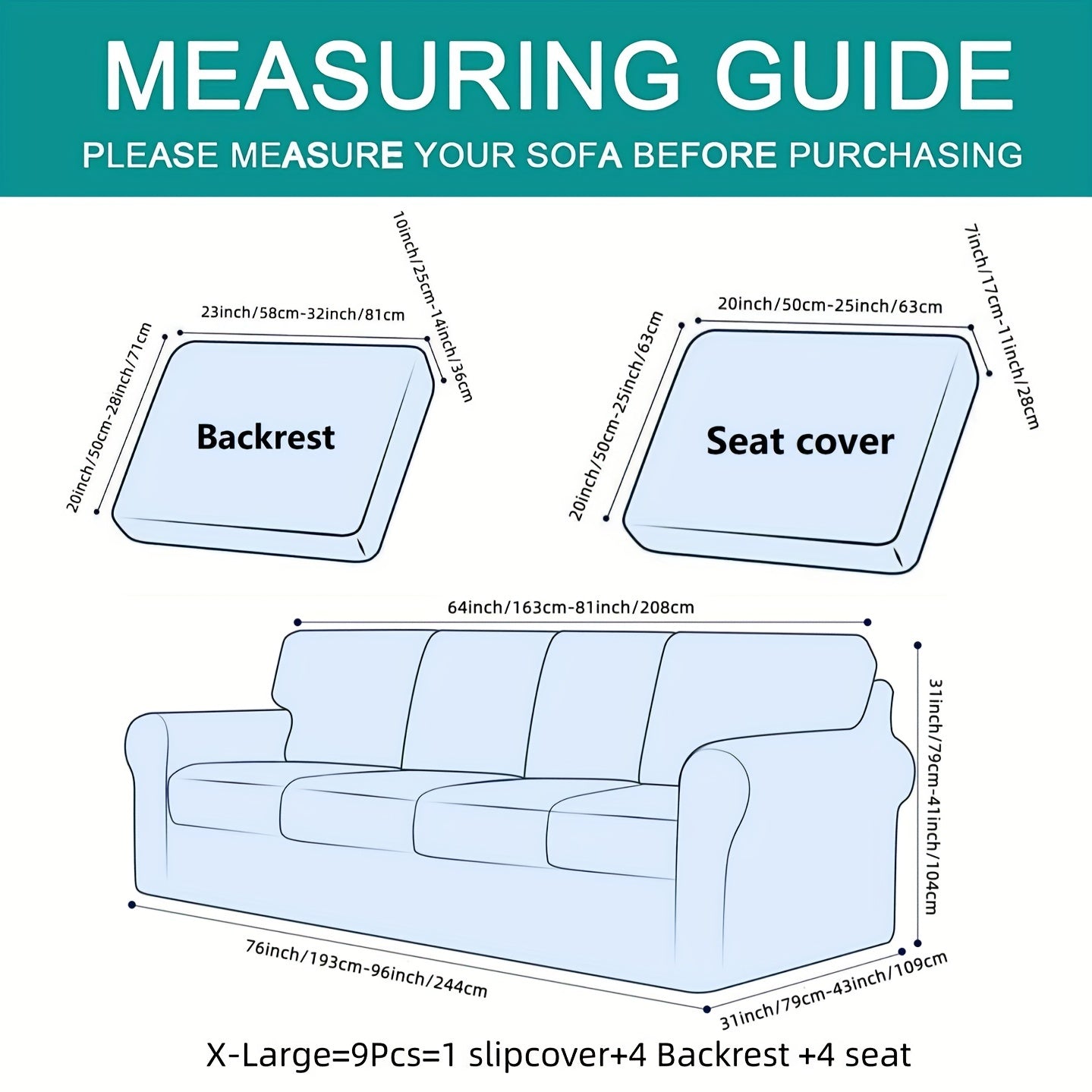 3/5/7/9 piece Stretch Sofa Slipcover Sets for couches, backrests, and cushion covers. Furniture protector collection for home decor in bedrooms, offices, and living rooms.