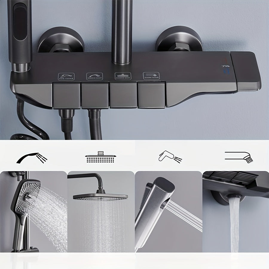 High-pressure shower head set measuring 12 inches with a 4-function handheld shower, crafted from metal and plastic. Does not require electricity or batteries, and includes a temperature display.