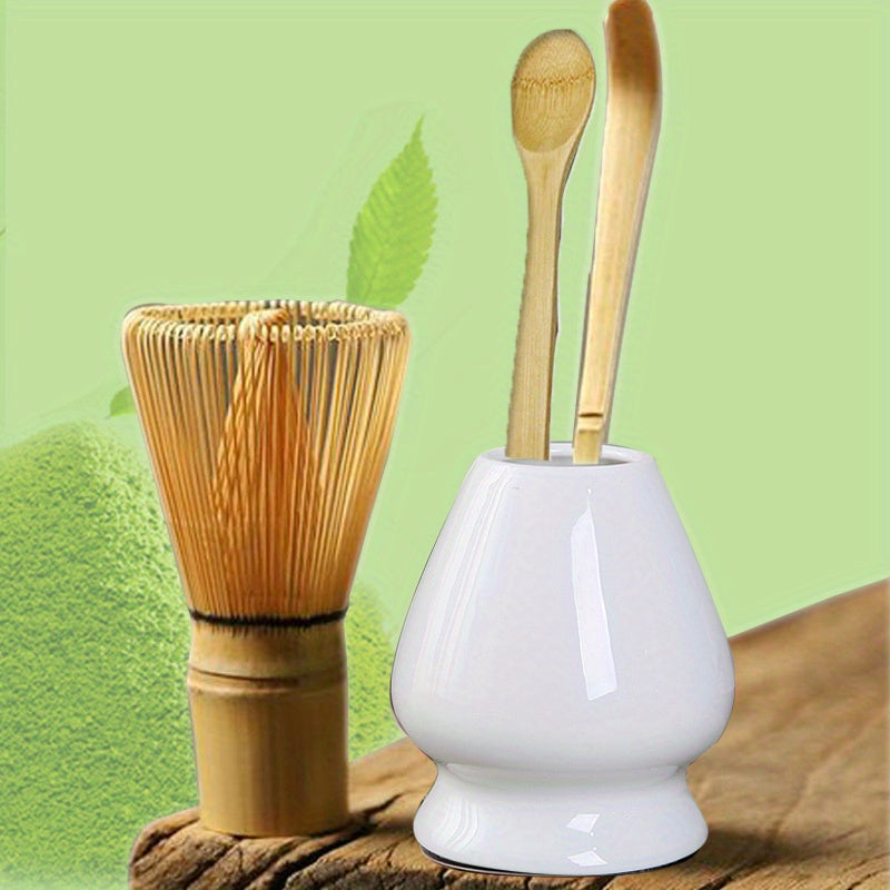 A set of 4 Japanese Matcha Ritual Accessories, including a Momonri Traditional Spoon, Tea Spoon, Matcha Egg Beater, and other accessories. This perfect set is ideal for preparing traditional Matcha. The set features a natural bamboo tea egg beater in