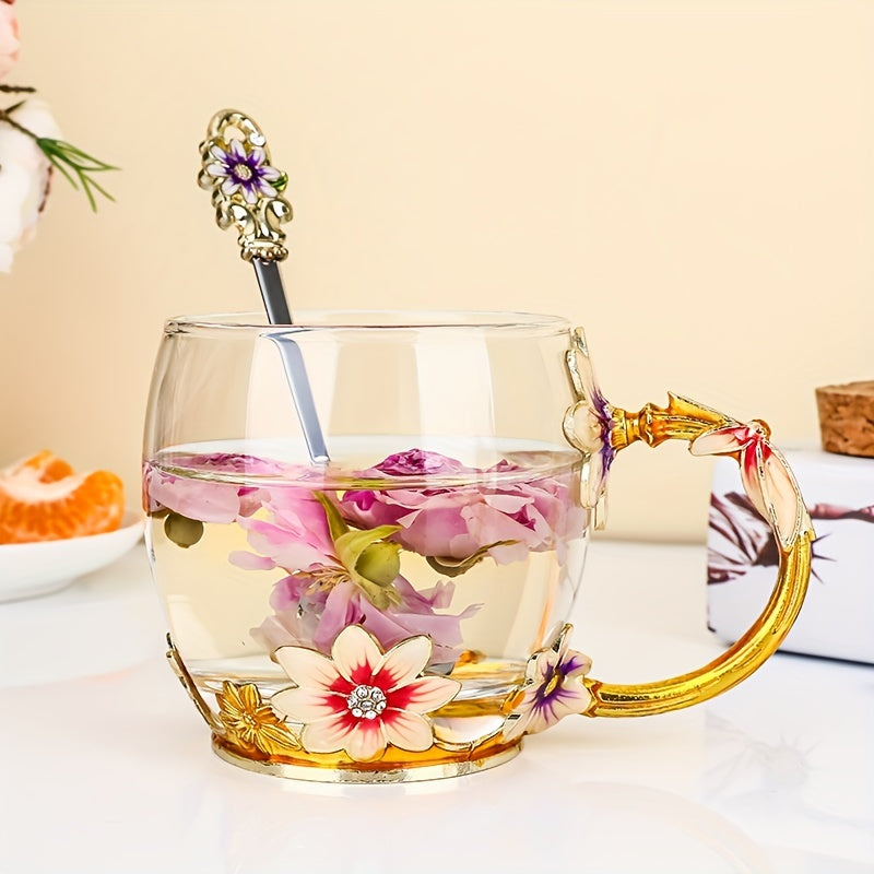 11.8oz Clear Glass Tea Cup Set with Coaster, Spoon, and Elegant Flower Pattern - Perfect for Coffee, Water, or Summer/Winter Drinks - Ideal Gift for Birthdays