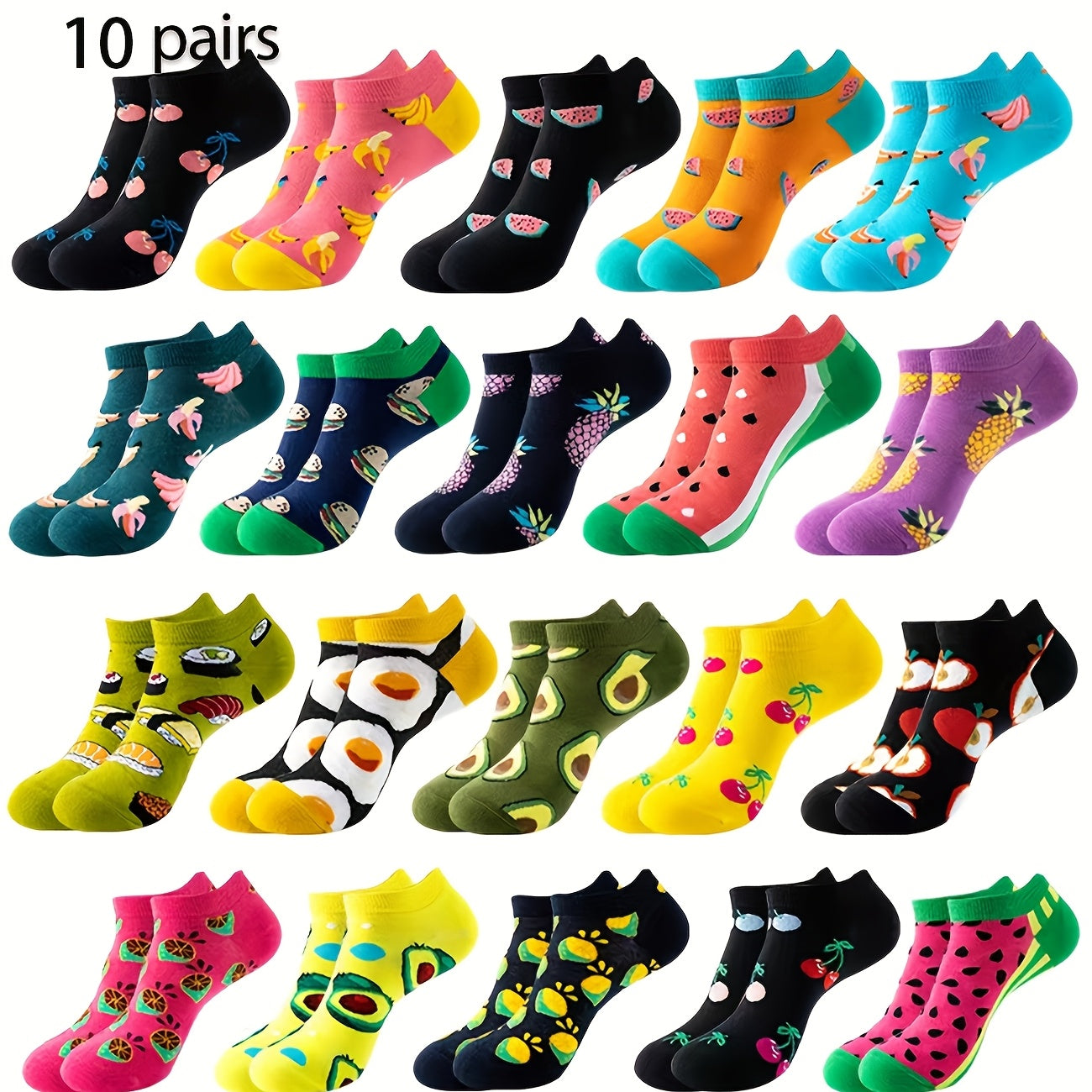 Trendy and comfortable avocado burger socks in random 10 or 20 pairs, suitable for daily wear.