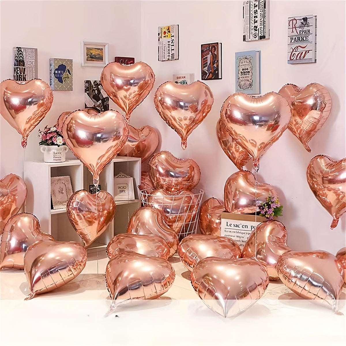 15 red heart pink silvery love aluminum balloons for various occasions like birthdays, weddings, engagements, Valentine's Day, bridal showers, carnivals, home decor, and parties.