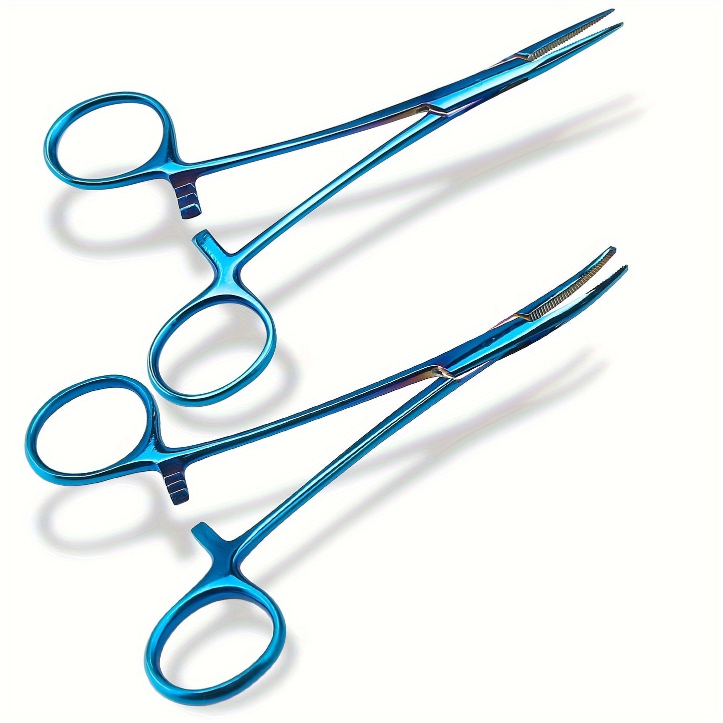 Set of 2 rainbow-colored hemostat forceps made of stainless steel, with straight and curved pliers for medical, veterinary, and hobby use. Ergonomic design for rust-resistance and