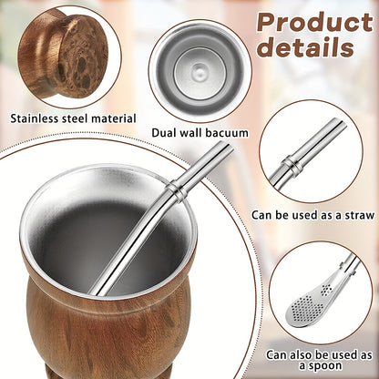 8oz Stainless Steel Yerba Mate Gourd Cup Set with Wooden Handle - Double-Walled Insulation, Includes Straw & Cleaning Brush, Dishwasher Safe, BPA-Free, Perfect for Argentinean Tea Lovers