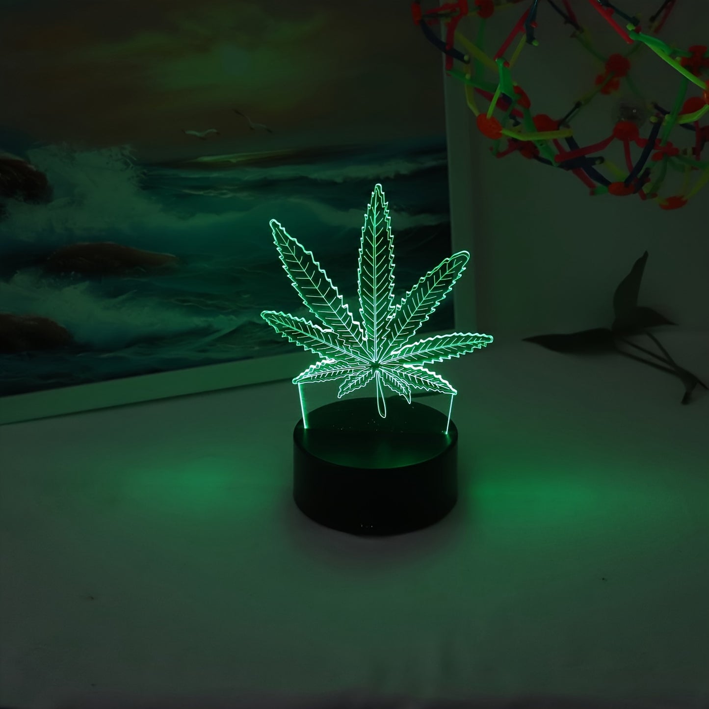 Maple Leaf 3D Visual Night Light with USB power, touch control, dimmable desk lamp and glass shade for elegant home decor.