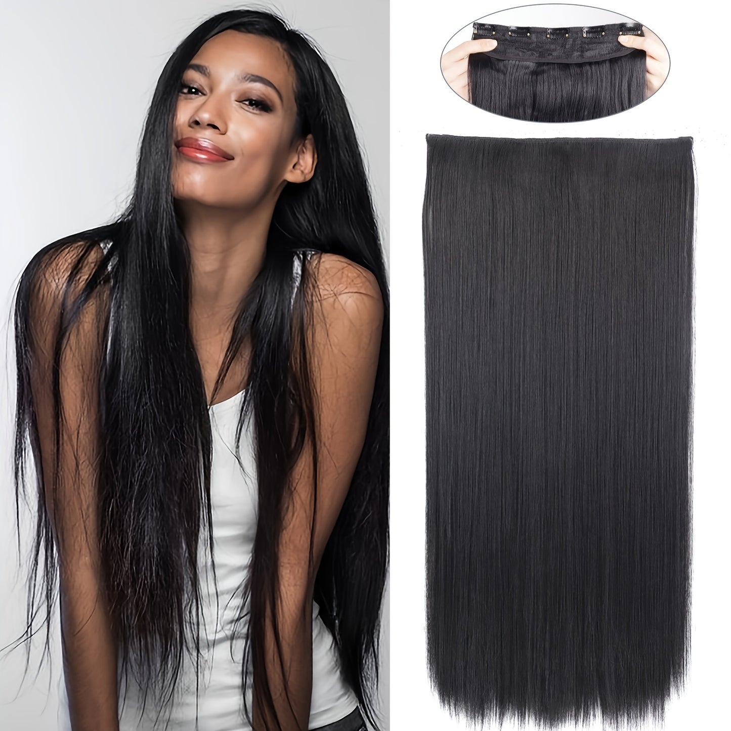 Elegant natural looking synthetic clip-in hair extensions for daily use, 32 inch long straight pieces with 5 clips.