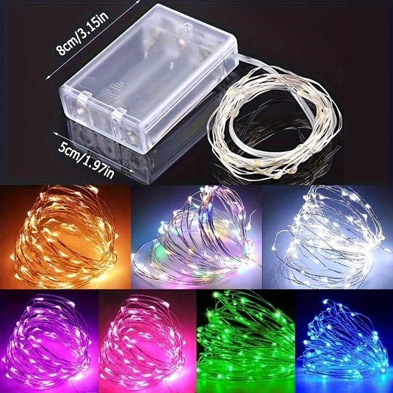 Battery powered LED fairy string lights in copper wire available in 30, 50, and 100 LED options for party and Christmas decor, no plug needed.