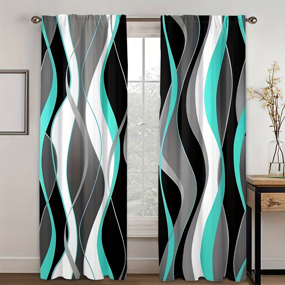 A modern abstract geometric curtain set, featuring 2 pieces in black and white. These semi-transparent privacy drapes are perfect for the living room and bedroom, and are machine washable for easy cleaning.