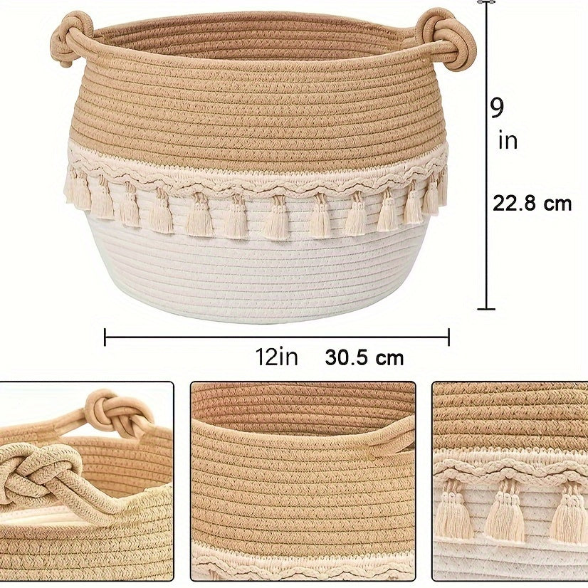 Bohemian Tassel Decorative Woven Basket for Kids - 30.48cm x 22.86cm Nursery Toy Storage & Small Laundry Hamper