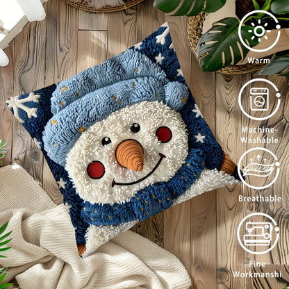 Modern snowman throw pillow cover made of polyester that is machine washable. It has a woven zippered pillowcase suitable for living room sofa, autumn farmhouse, patio, and porch decor. Size is 45.72x45.72 cm.