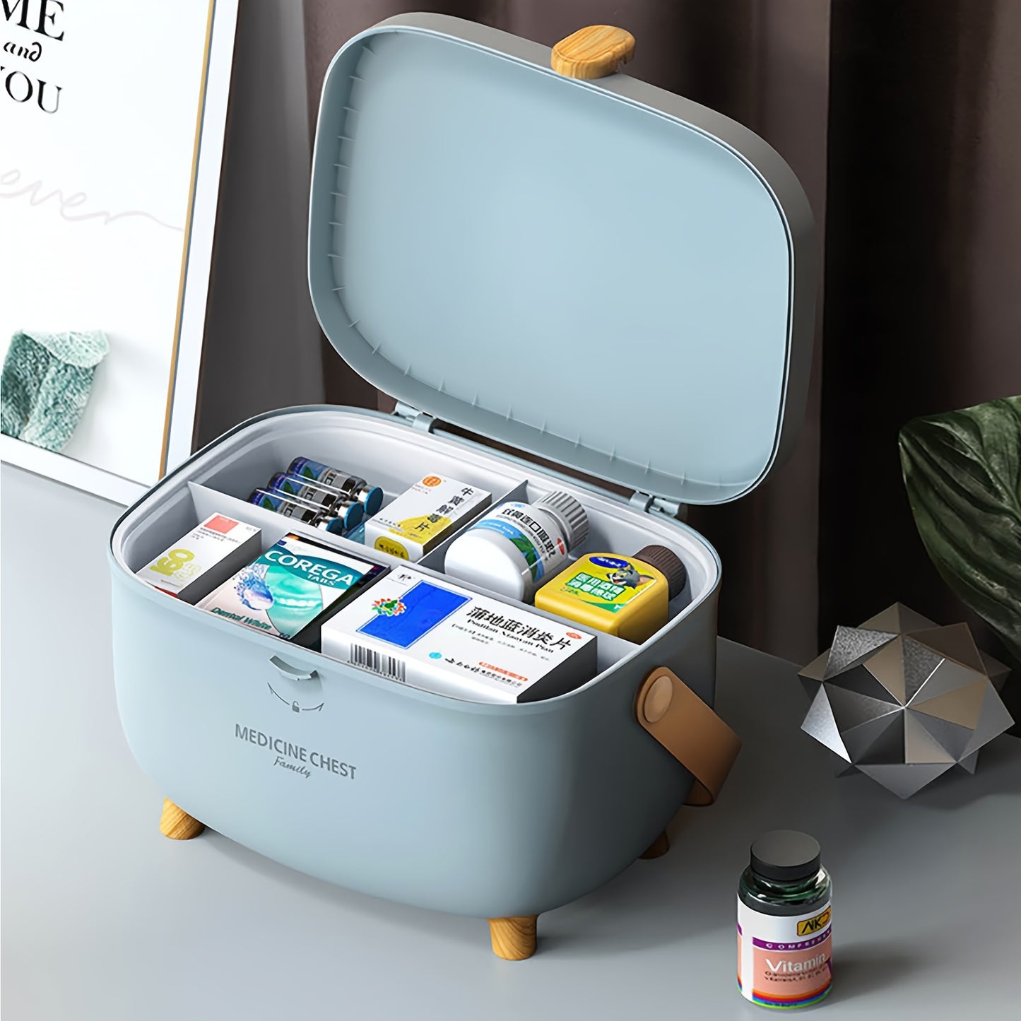 Spacious multi-layer medicine organizer with handle for home and travel. Dustproof, portable storage solution for organizing home essentials.