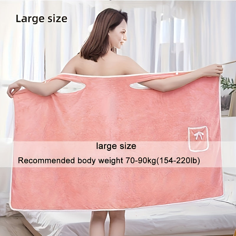 Soft coral fleece bath towel with pockets, quick-dry and absorbent, perfect for sauna and shower, with bowknot detail, size 80.01x129.54cm.