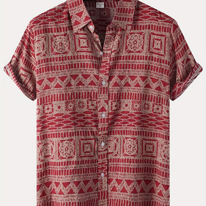 Men's geometric print button-up shirt, perfect for summer.