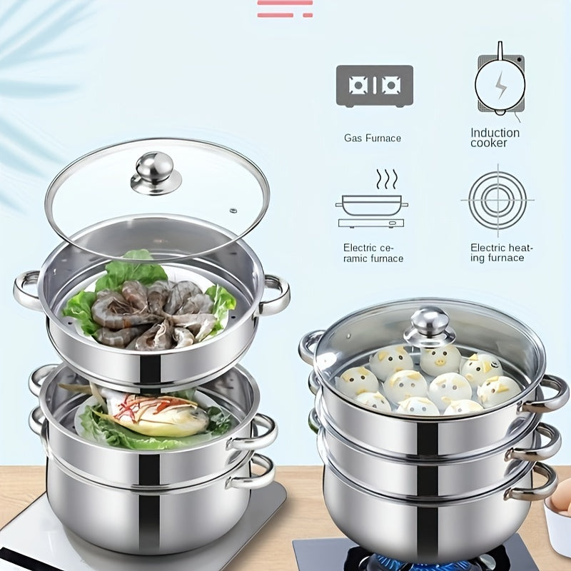 3/5 Layer Stainless Steel Steamer & Soup Pot Set - Suitable for Gas & Induction Cooking, Versatile for 3-10 People