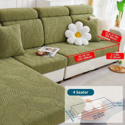 Stylish leaf-patterned sofa cover fits single to four-seater sofas in various colors. Durable jacquard fabric, machine washable.