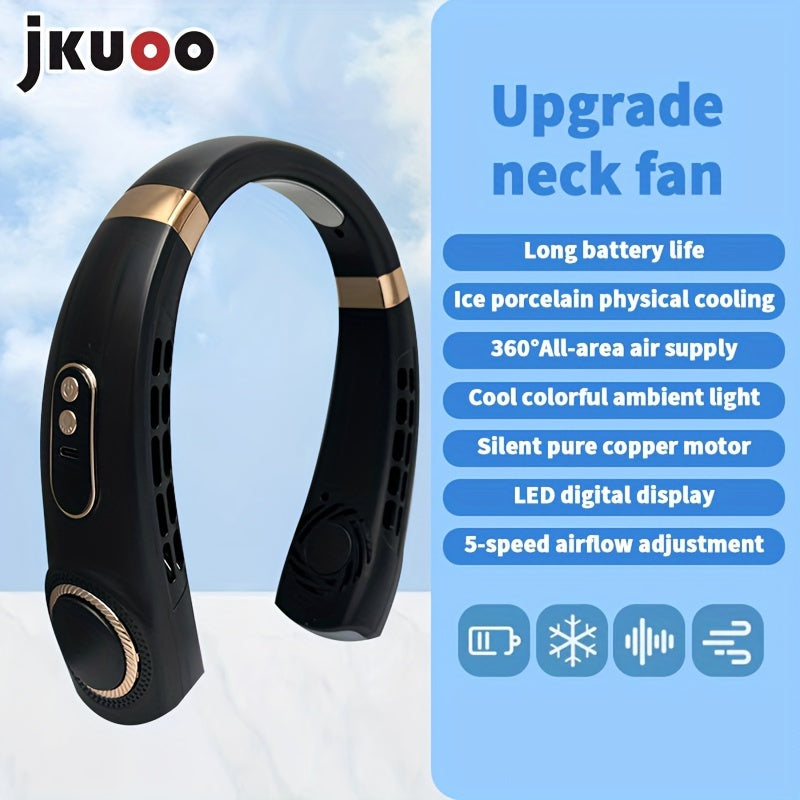 Stay cool and comfortable on-the-go with the 1pc JKUOO Portable Neck Fan. This innovative device features a 5-speed adjustable display, USB rechargeable lithium battery, and quiet operation. Perfect for use during sports, travel, and summer activities