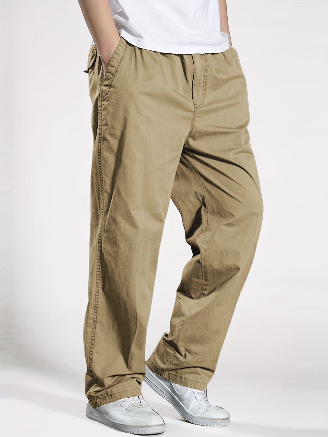 Classic Men's cargo pants with elastic drawstring waist in solid color for Spring/Fall comfort.